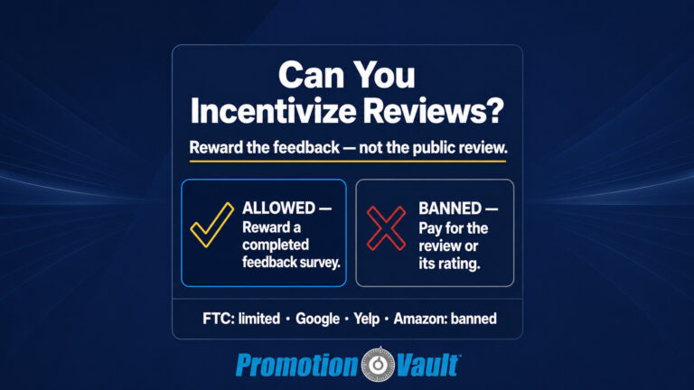 Wide 16:9 Promotion Vault graphic explaining whether businesses can incentivize customer reviews. Centered on a dark navy-blue background, the headline asks, “Can You Incentivize Reviews?” followed by the rule, “Reward the feedback — not the public review.” A yellow checkmark identifies the allowed approach: rewarding customers for completing a feedback survey. A red X identifies the banned approach: paying customers for a public review or its rating. A bottom rule summary states, “FTC: limited · Google · Yelp · Amazon: banned.” Subtle blue perspective lines on both sides direct attention toward the centered guidance, with Promotion Vault branding beneath the main content.