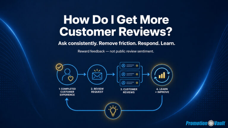 Wide 16:9 infographic titled “How Do I Get More Customer Reviews?” with the answer “Ask consistently. Remove friction. Respond. Learn.” and compliance guidance “Reward feedback — not public review sentiment.” A closed-loop customer review journey illustrates four stages: “1. Completed Customer Experience,” “2. Review Request,” “3. Customer Reviews,” and “4. Learn + Improve.” Cerulean-blue arrows connect a customer experience icon, review-request envelope, stack of customer review cards, and analytics symbol before looping back through a highlighted insight icon. The dark blue Promotion Vault-style design shows how businesses can create a repeatable review workflow that turns completed customer experiences into consistent review requests, honest customer feedback, and ongoing service improvement.