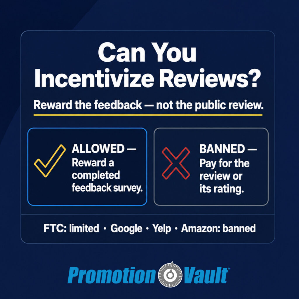 Square Promotion Vault educational graphic answering the question, “Can You Incentivize Reviews?” on a dark muted-blue background. The main takeaway reads, “Reward the feedback — not the public review,” highlighted with a thin yellow underline. A side-by-side comparison shows a yellow checkmark beside “ALLOWED — Reward a completed feedback survey” and a red X beside “BANNED — Pay for the review or its rating.” A summary beneath the comparison notes that FTC rules are limited while Google, Yelp, and Amazon prohibit incentivized public reviews. Promotion Vault branding appears centered at the bottom.