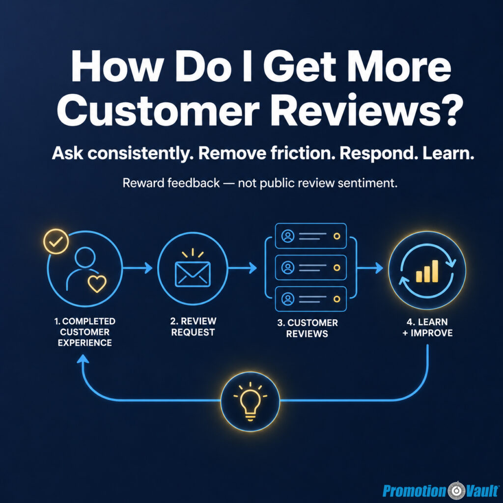 Square infographic titled “How Do I Get More Customer Reviews?” with the guidance “Ask consistently. Remove friction. Respond. Learn.” and the compliance note “Reward feedback — not public review sentiment.” The graphic maps a four-step closed-loop review process: “1. Completed Customer Experience,” “2. Review Request,” “3. Customer Reviews,” and “4. Learn + Improve.” Blue arrows move from a completed customer experience to a direct review request, a group of customer review cards, and an improvement and analytics stage, then return to the beginning through a highlighted learning icon. The visual explains how a systematic customer review process can create more consistent, useful feedback without tying rewards to public review sentiment.
