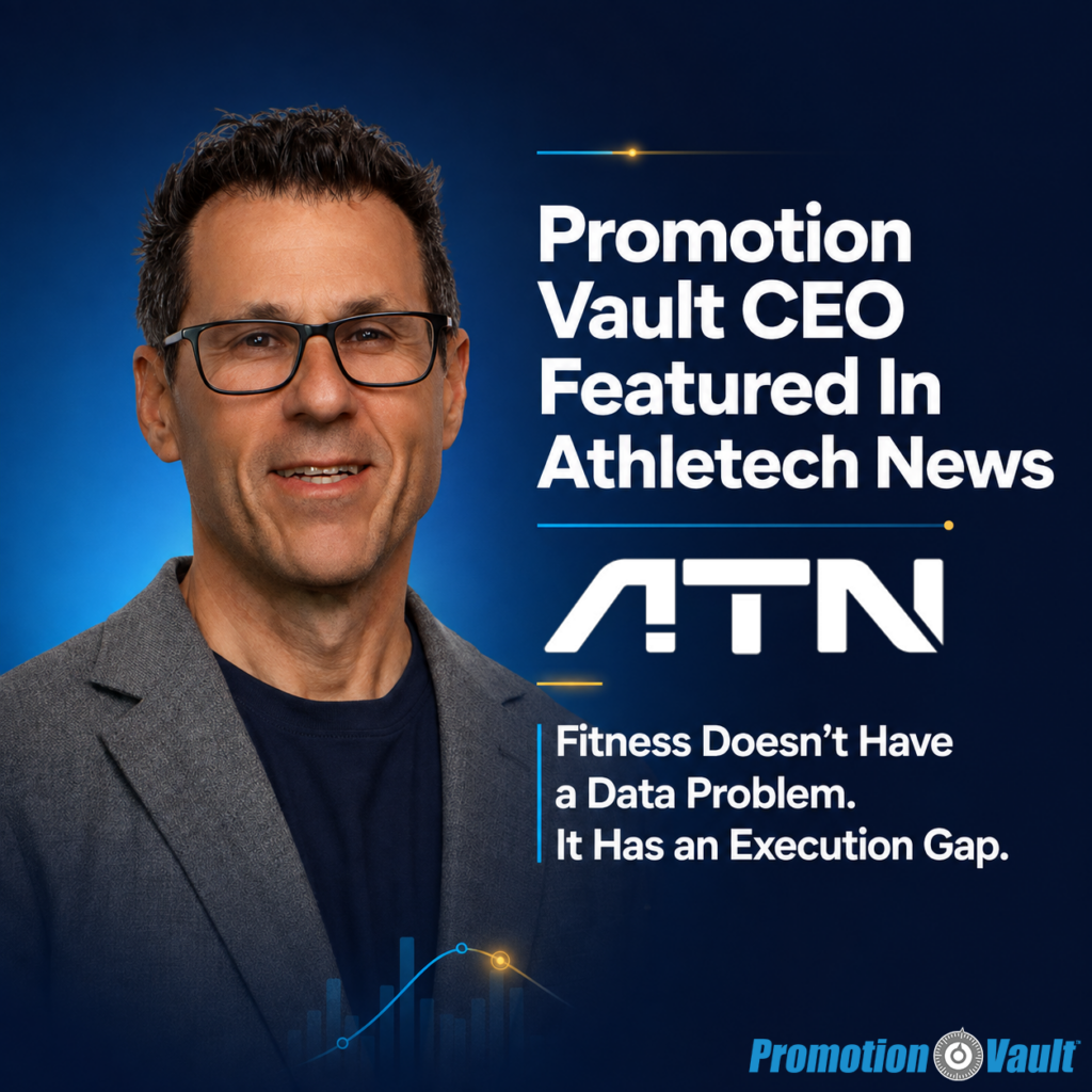 Square promotional graphic announcing the Promotion Vault CEO’s feature in AthleTech News about the fitness industry’s execution gap. The executive appears prominently on the left against a dark navy and electric-blue background, while bold text, the ATN mark, and the headline “Fitness Doesn’t Have a Data Problem. It Has an Execution Gap.” appear on the right above a stylized analytics chart, emphasizing fitness technology, data activation, customer engagement, and business execution.