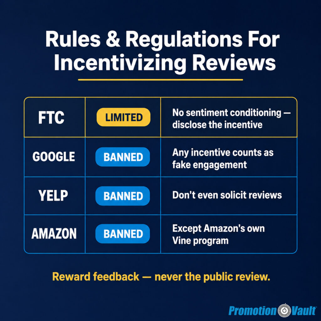 Square rules-and-regulations infographic titled “Rules & Regulations For Incentivizing Reviews.” A four-row table compares policies for the FTC, Google, Yelp, and Amazon. The FTC row is highlighted as “LIMITED” and states, “No sentiment conditioning — disclose the incentive.” Google is marked “BANNED” because any incentive counts as fake engagement. Yelp is marked “BANNED” with the guidance, “Don’t even solicit reviews.” Amazon is marked “BANNED,” with an exception for Amazon’s own Vine program. A yellow summary line at the bottom reinforces the core rule: “Reward feedback — never the public review.”