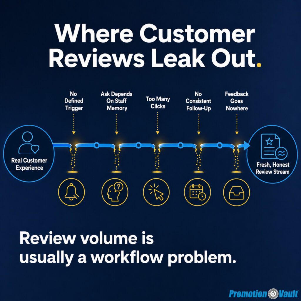 Square infographic titled “Where Customer Reviews Leak Out.” A customer review pipeline runs from “Real Customer Experience” to “Fresh, Honest Review Stream,” with five highlighted breaks showing where review volume can be lost: “No Defined Trigger,” “Ask Depends On Staff Memory,” “Too Many Clicks,” “No Consistent Follow-Up,” and “Feedback Goes Nowhere.” Golden-yellow leak markers and icons identify each point of friction along a cerulean-blue workflow. The bottom takeaway states “Review volume is usually a workflow problem.” The infographic shows businesses why strong customer experiences do not automatically produce reviews when the request process lacks a clear trigger, easy review path, automation, follow-up, or an actionable feedback loop.