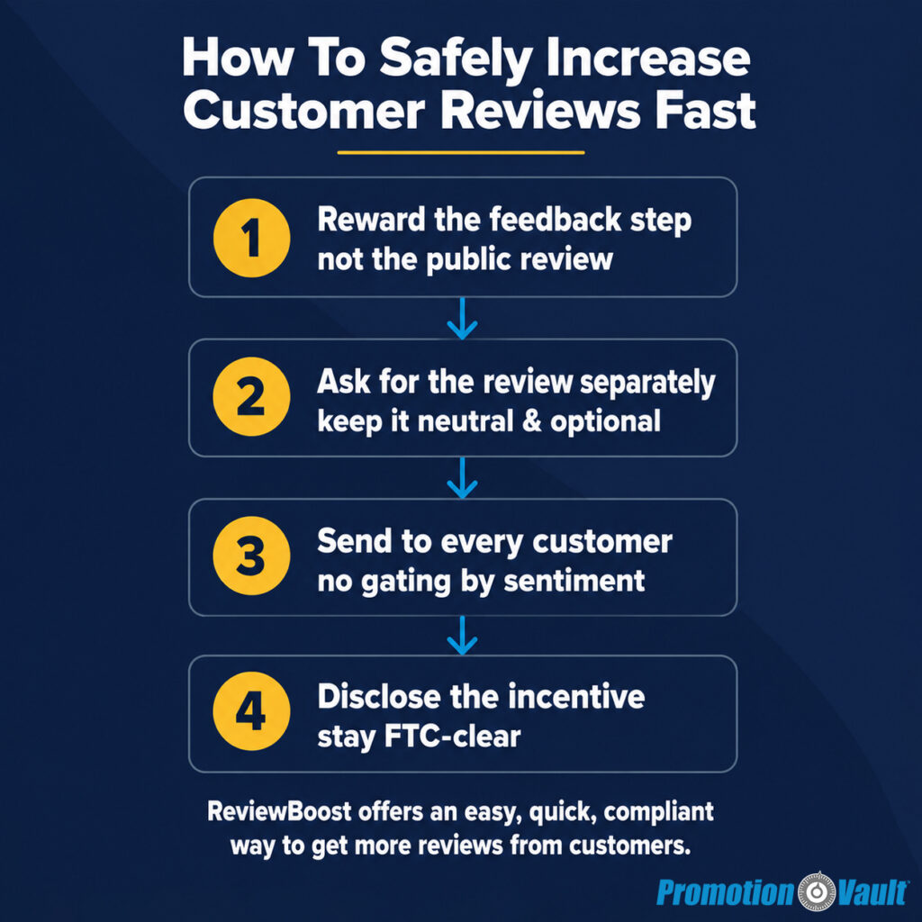 Square step-by-step infographic titled “How To Safely Increase Customer Reviews Fast.” Four numbered yellow badges guide businesses through a compliant review-generation process. Step 1 says, “Reward the feedback step — not the public review.” Step 2 says, “Ask for the review separately — keep it neutral & optional.” Step 3 says, “Send to every customer — no gating by sentiment.” Step 4 says, “Disclose the incentive — stay FTC-clear.” Blue arrows connect the four steps in sequence. A closing message explains that ReviewBoost offers an easy, quick, compliant way to get more reviews from customers, with Promotion Vault branding at the bottom.