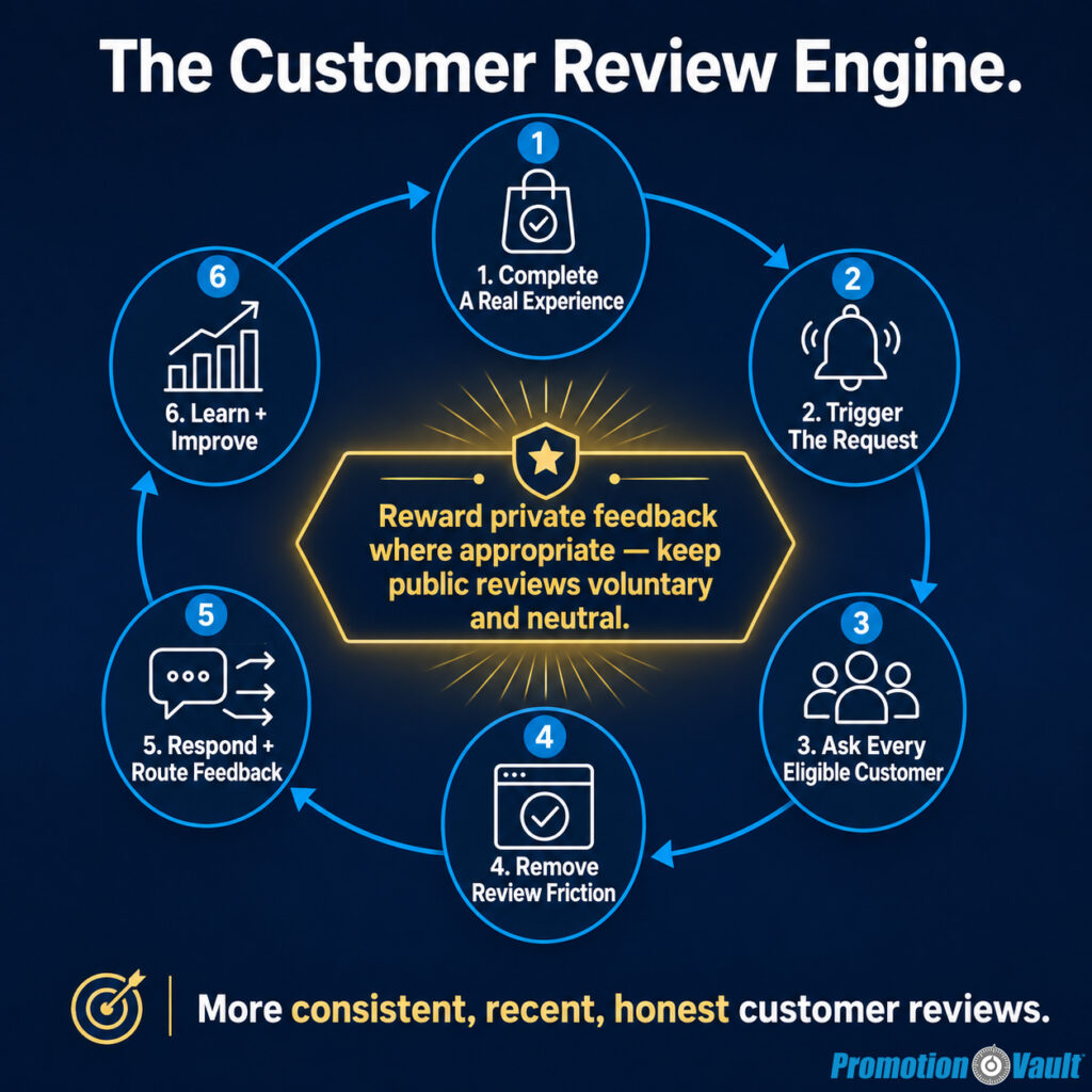 Square infographic titled “The Customer Review Engine.” A connected six-step customer review system shows “1. Complete A Real Experience,” “2. Trigger The Request,” “3. Ask Every Eligible Customer,” “4. Remove Review Friction,” “5. Respond + Route Feedback,” and “6. Learn + Improve,” with blue arrows connecting step six back to step one as a continuous improvement loop. A prominent golden-yellow compliance rule in the center reads “Reward private feedback where appropriate — keep public reviews voluntary and neutral.” The outcome at the bottom states “More consistent, recent, honest customer reviews.” The infographic explains how businesses can operationalize review generation through consistent eligibility, automated requests, low-friction review paths, feedback routing, response management, and continuous improvement while keeping public reviews voluntary and sentiment-neutral.