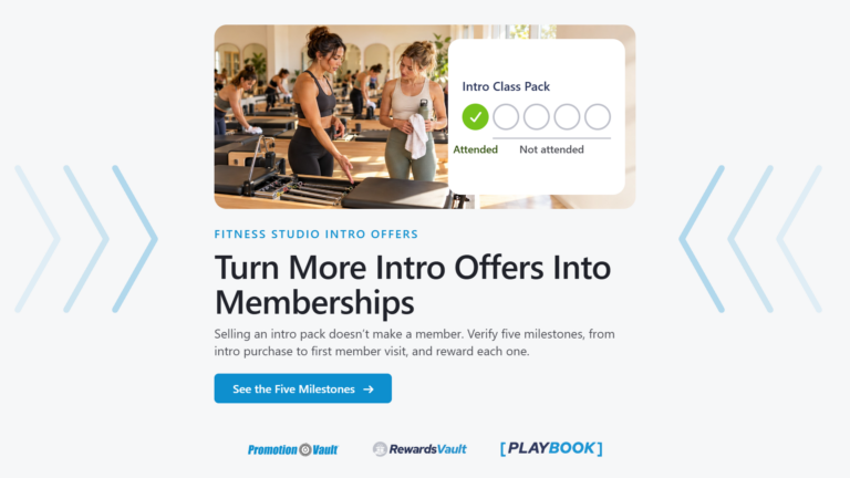 Featured image for a guide on fitness and Pilates studio intro offer conversion. A Pilates instructor and a new client talk beside a reformer in a bright studio. Next to them, an intro class pack card shows one class attended and four not attended. Headline: “Turn More Intro Offers Into Memberships.” The supporting line explains that selling an intro pack doesn’t make a member and that studios should verify and reward five milestones, from intro purchase to first member visit. A blue “See the Five Milestones” button sits below, and soft blue chevrons on both sides point toward the center.